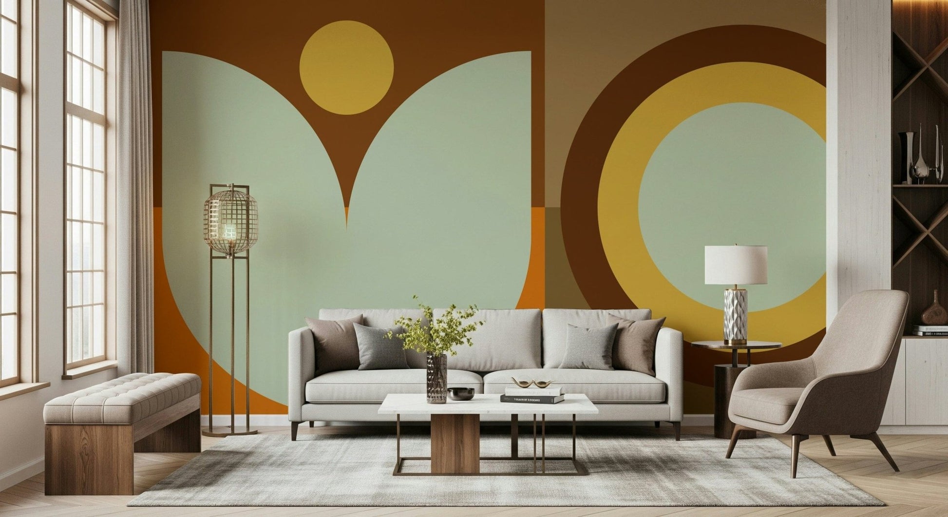 Boho Sun and Moon wallpaper mural in rust and sage behind a cream sofa and gold floor lamp in a bright living room