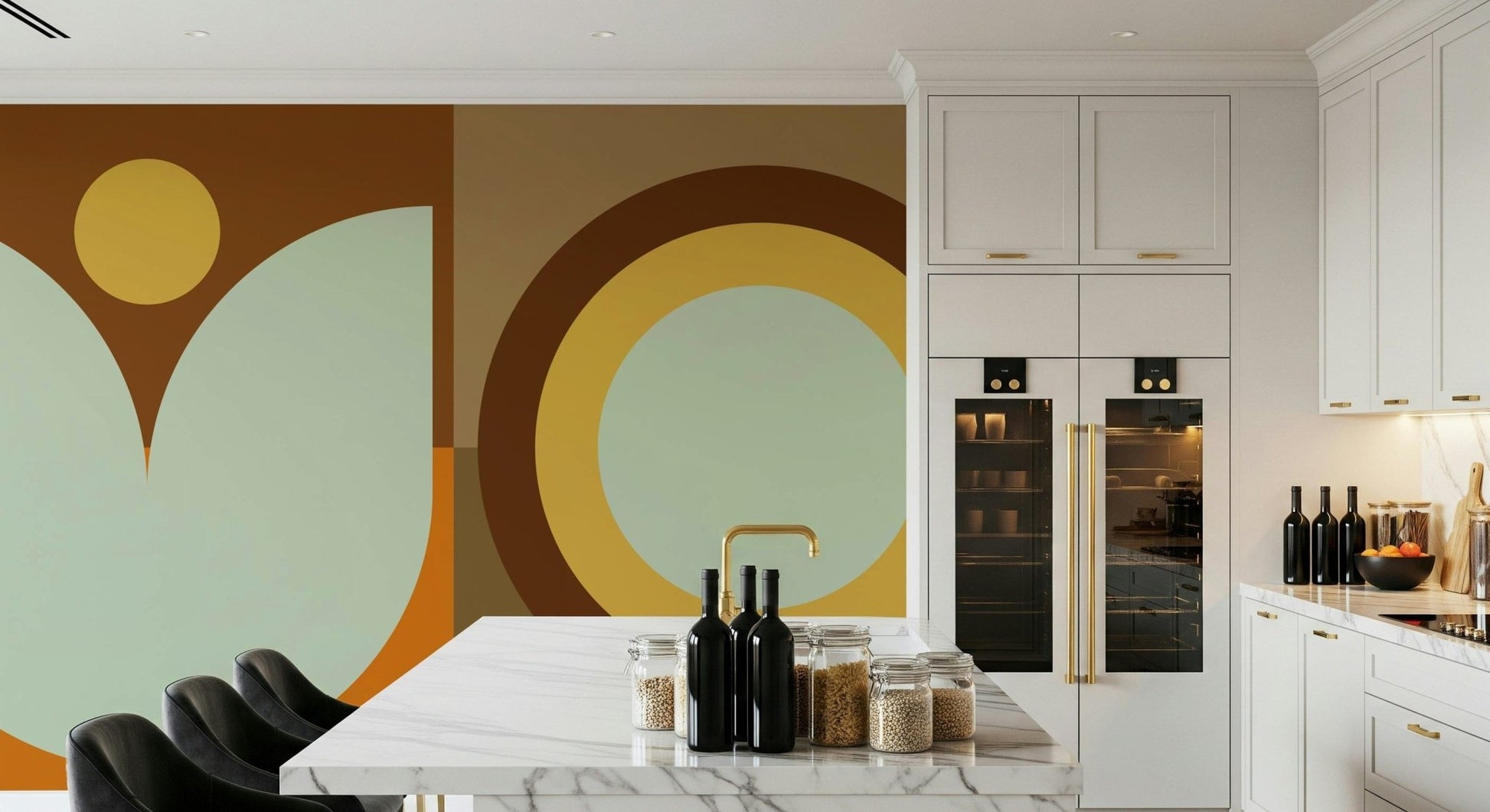 Boho Sun and Moon wallpaper mural with rust and sage geometric shapes beside a marble island in a white kitchen