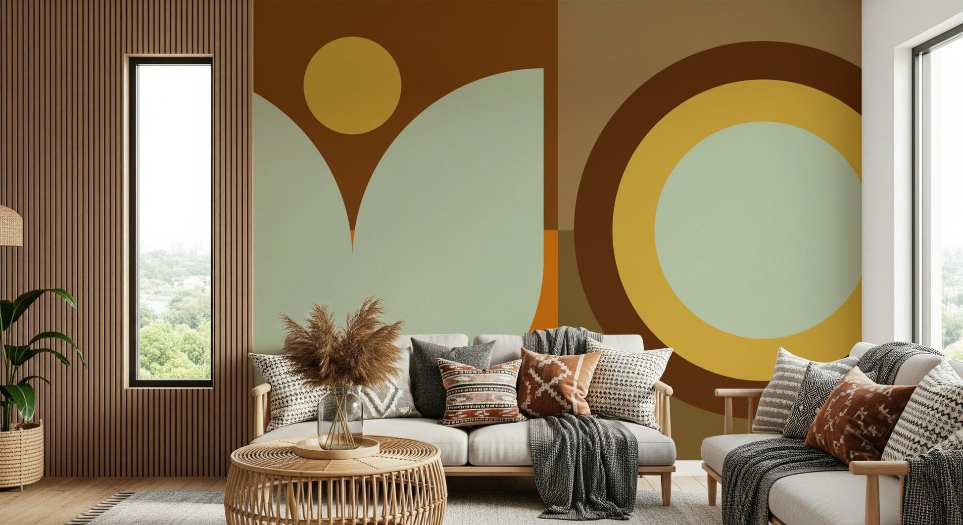 Boho Sun and Moon wallpaper mural with brown and sage shapes behind a cream sofa with boho pillows by a wood-slat wall