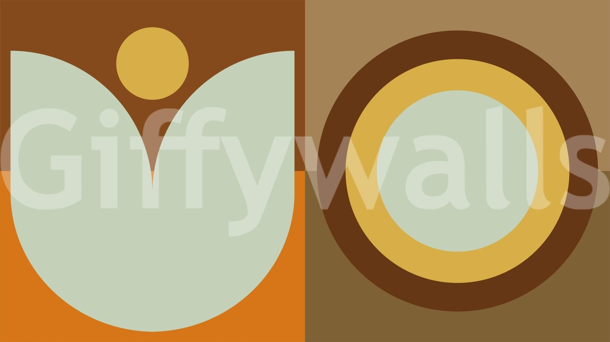 Boho Sun and Moon wallpaper mural close-up showing the sage tulip, yellow sun and brown circle pattern detail