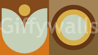 Boho Sun and Moon wallpaper mural close-up showing the sage tulip, yellow sun and brown circle pattern detail