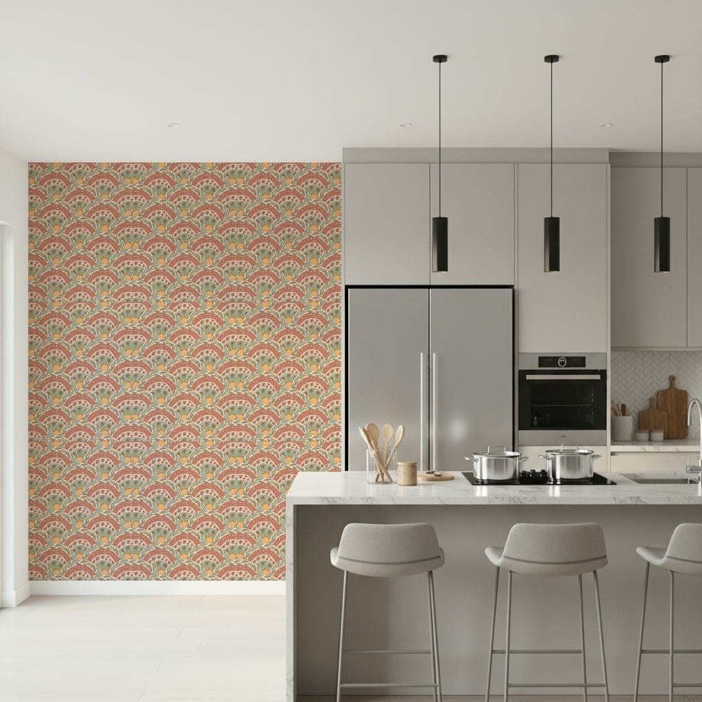 Hand-drawn sunburst florals in muted boho shades for a cozy wall look.