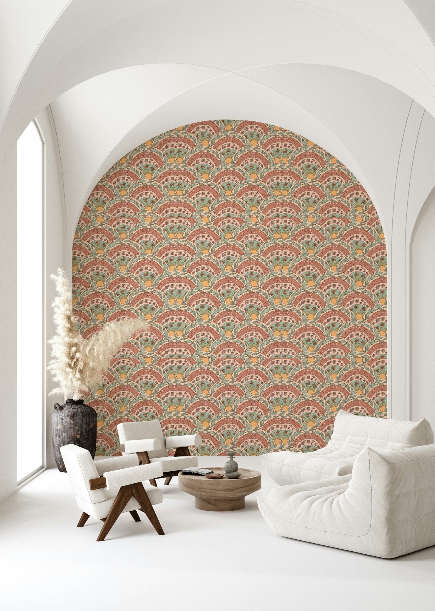 Illustrated sunburst flower pattern with a warm, free-spirited boho vibe.