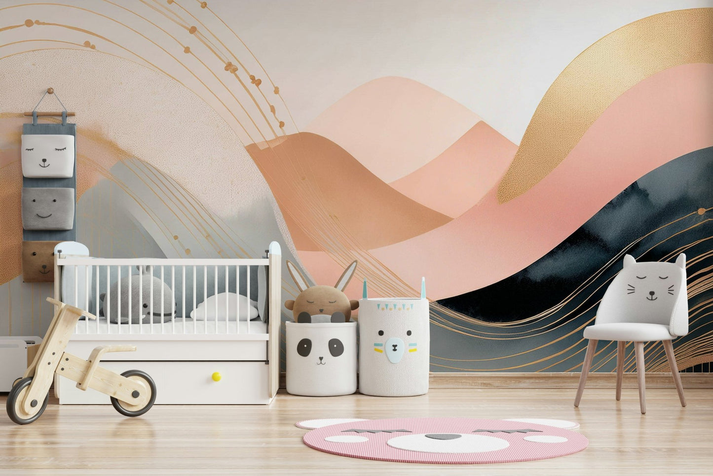 Playful wave pattern mural in pastel boho palette

