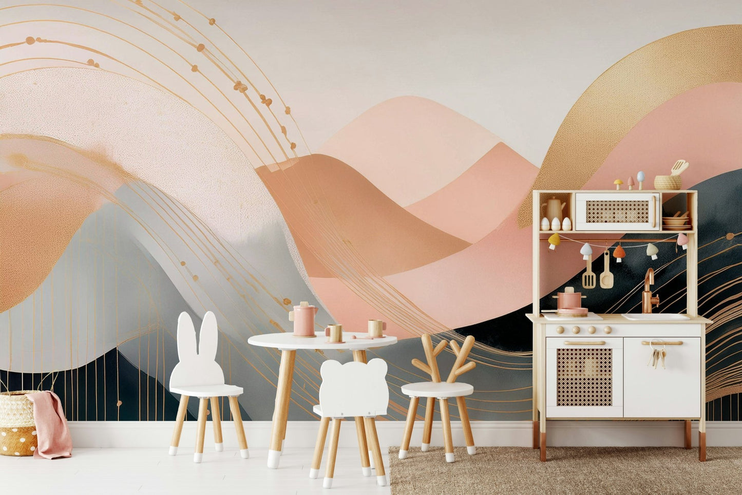 Wavy boho mural in soft colors for children’s walls

