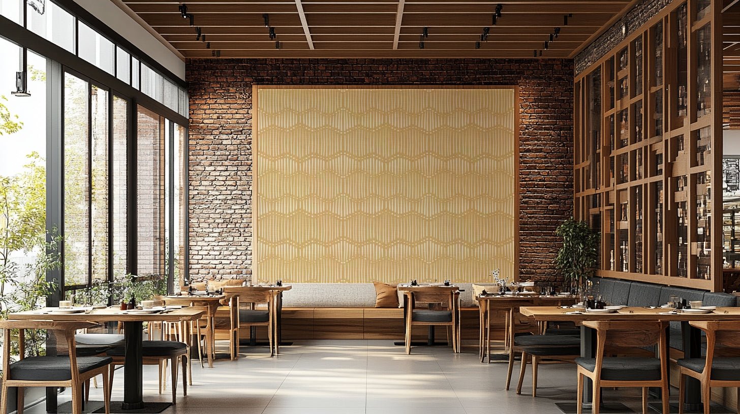 The room's lighting highlights the serene, quiet feel of the mural.

