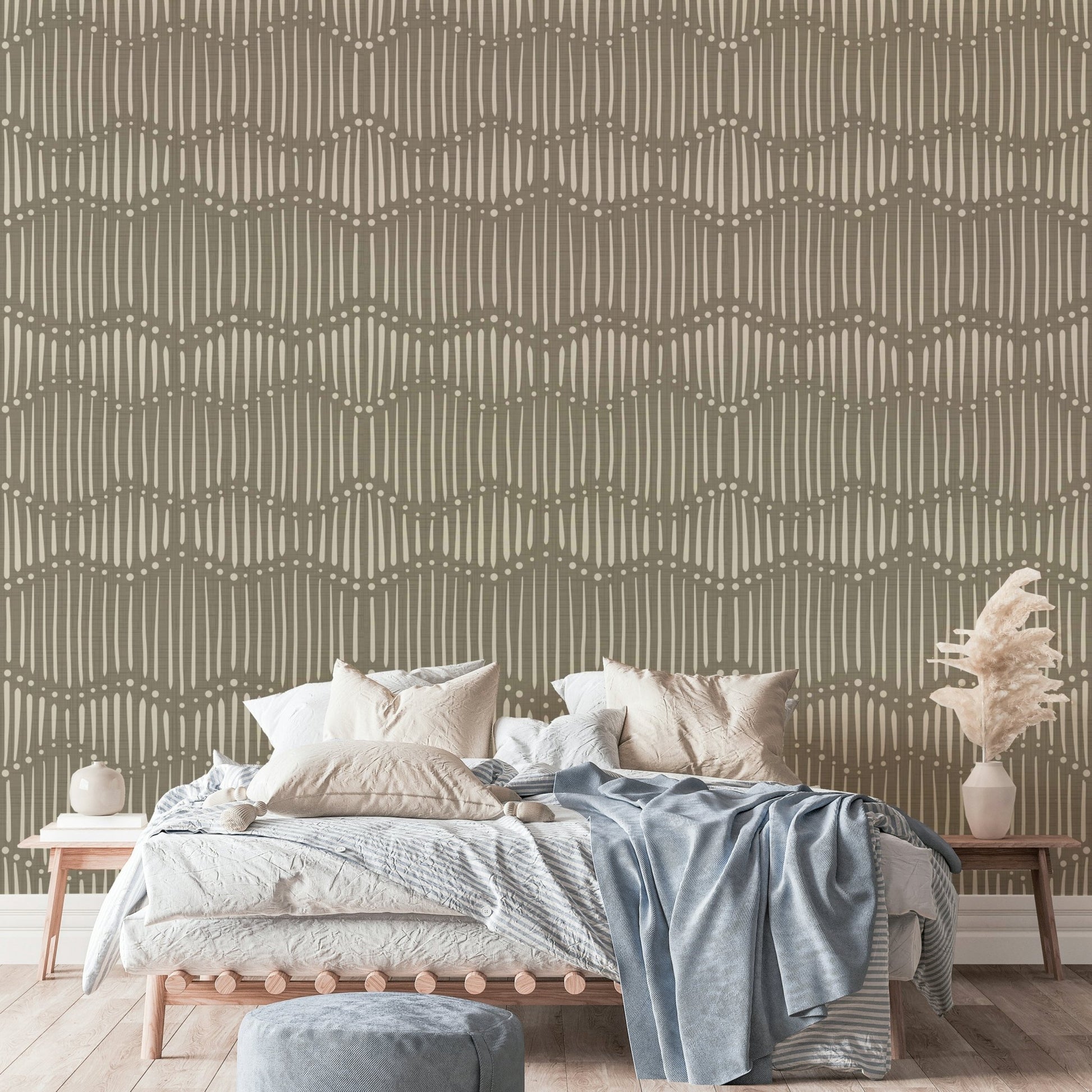 The colors are soft and gentle, with many shades of muted green and light brown.

