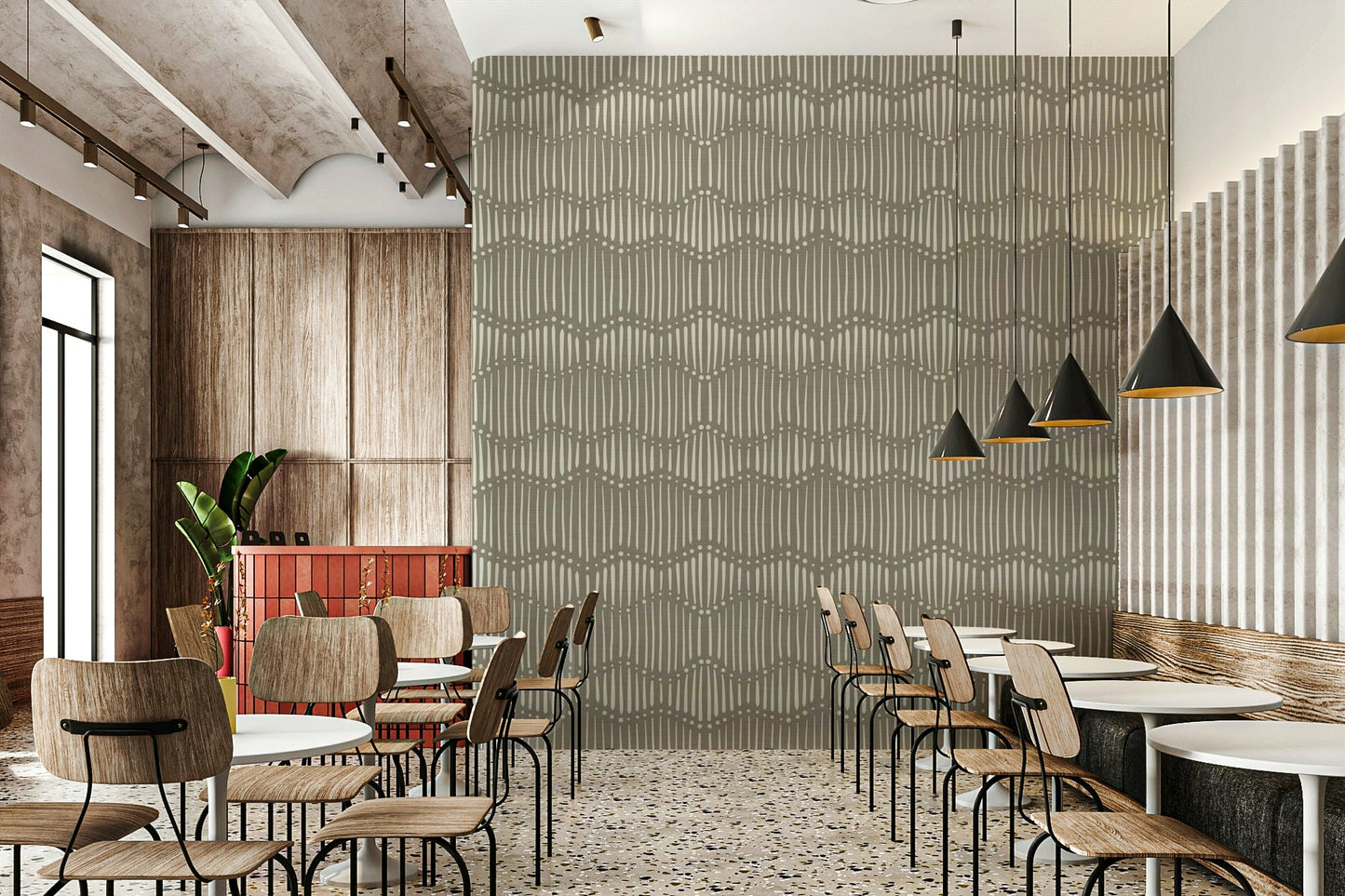 The room's lighting highlights the serene, quiet feel of the mural.

