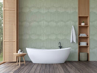 The image shows a full wall with a repeating design of gentle, wavy lines.

