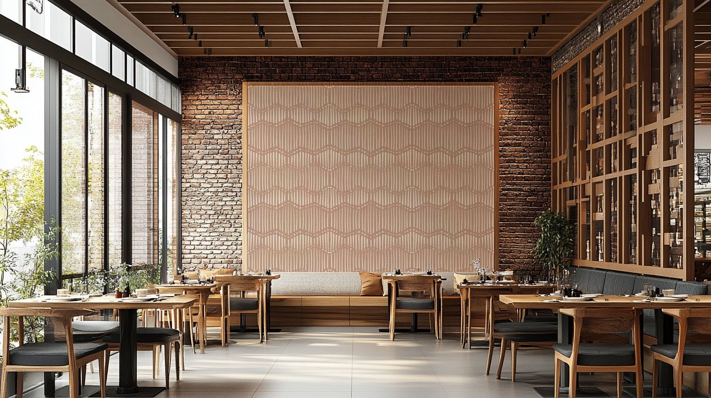 The image shows a full wall with a repeating design of gentle, wavy lines.

