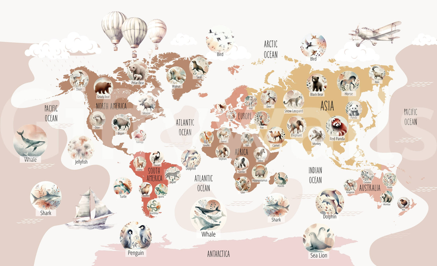 A stylish bohemian map wall mural with animals.

