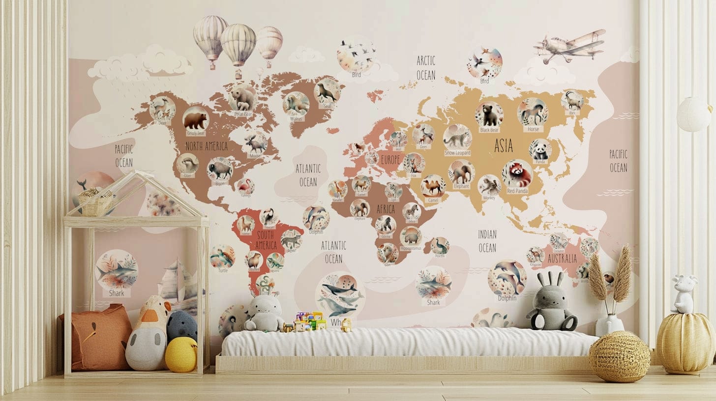 A colorful and bohemian wildlife map wall decor.

