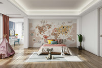 An interior view showing a wall decorated with a Boho Wildlife Map Wall Mural.

