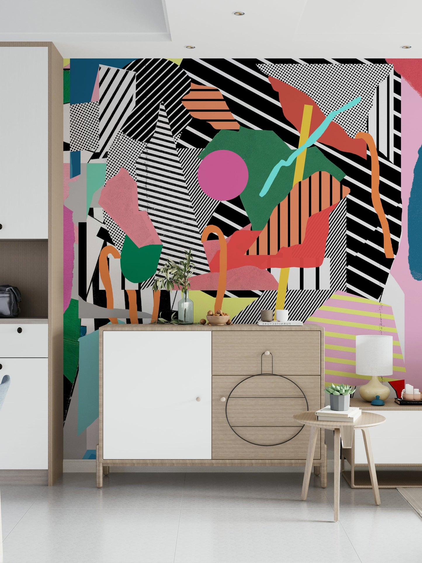 An artistic soft focus mural on minimalist wallpaper.