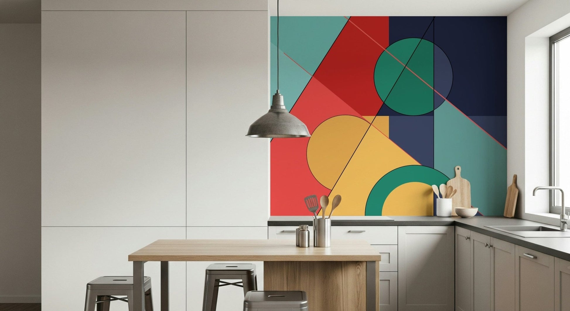 Bold Bauhaus wallpaper mural of bright geometric shapes behind a wood kitchen island with metal stools