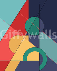 Bold Bauhaus wallpaper mural shown as a full-wall design of red, teal and mustard geometric shapes