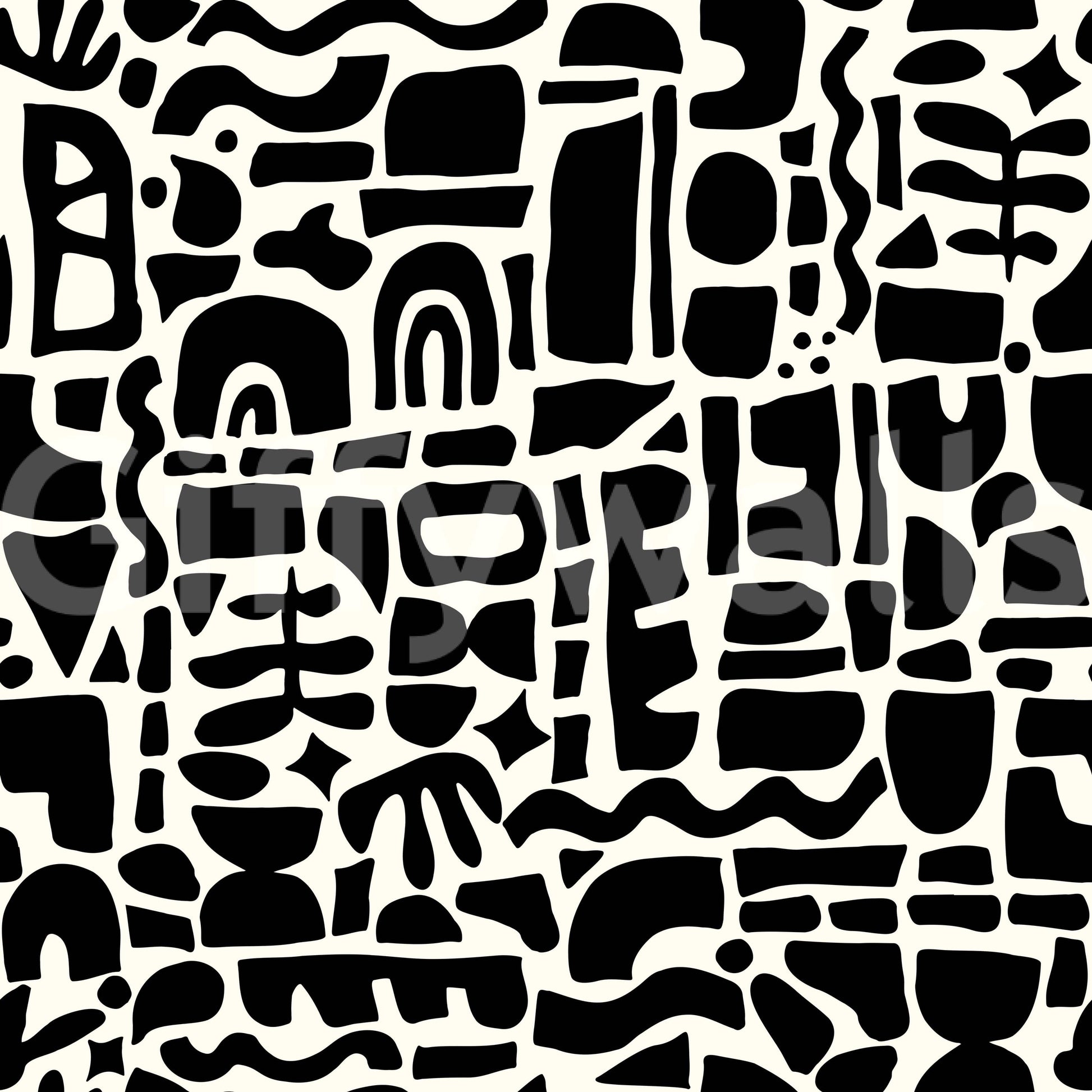 The wallpaper is shown in a contemporary living room setting.
