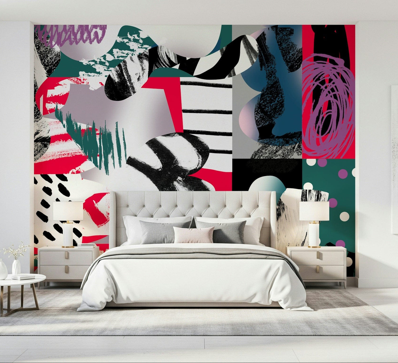 A peaceful modern abstract mural on decorative wallpaper.