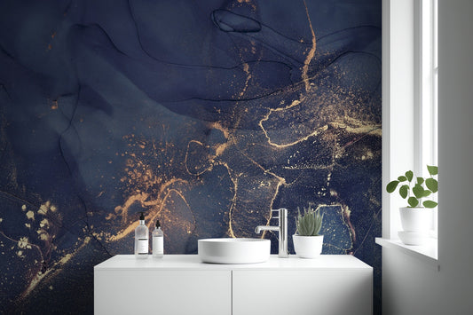 Dark Blue Alcohol Art wallpaper mural shown as a full feature wall that highlights the design
