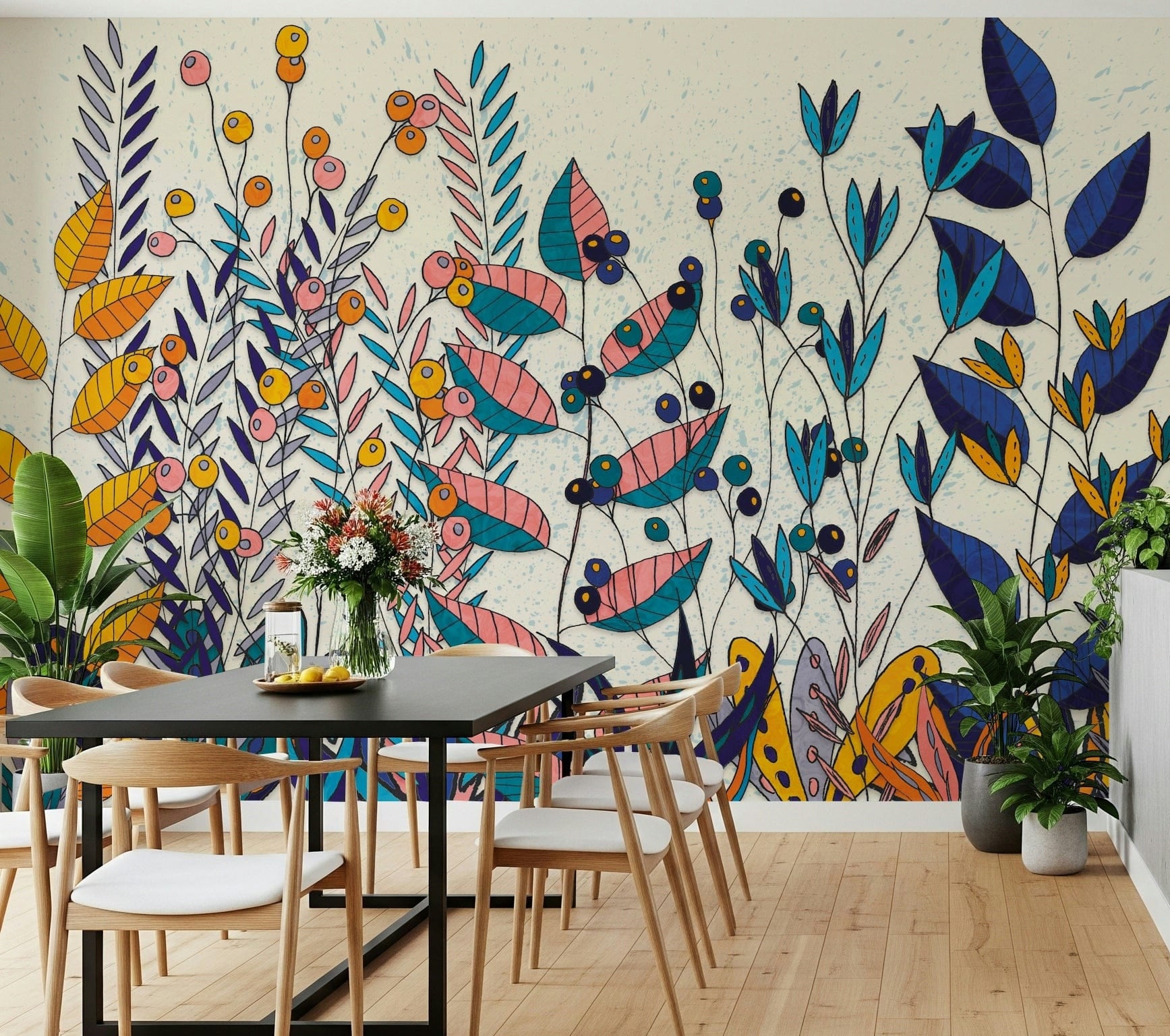 Eclectic Bold Garden wallpaper mural of pink, teal and orange leaves on cream behind a black dining table and chairs