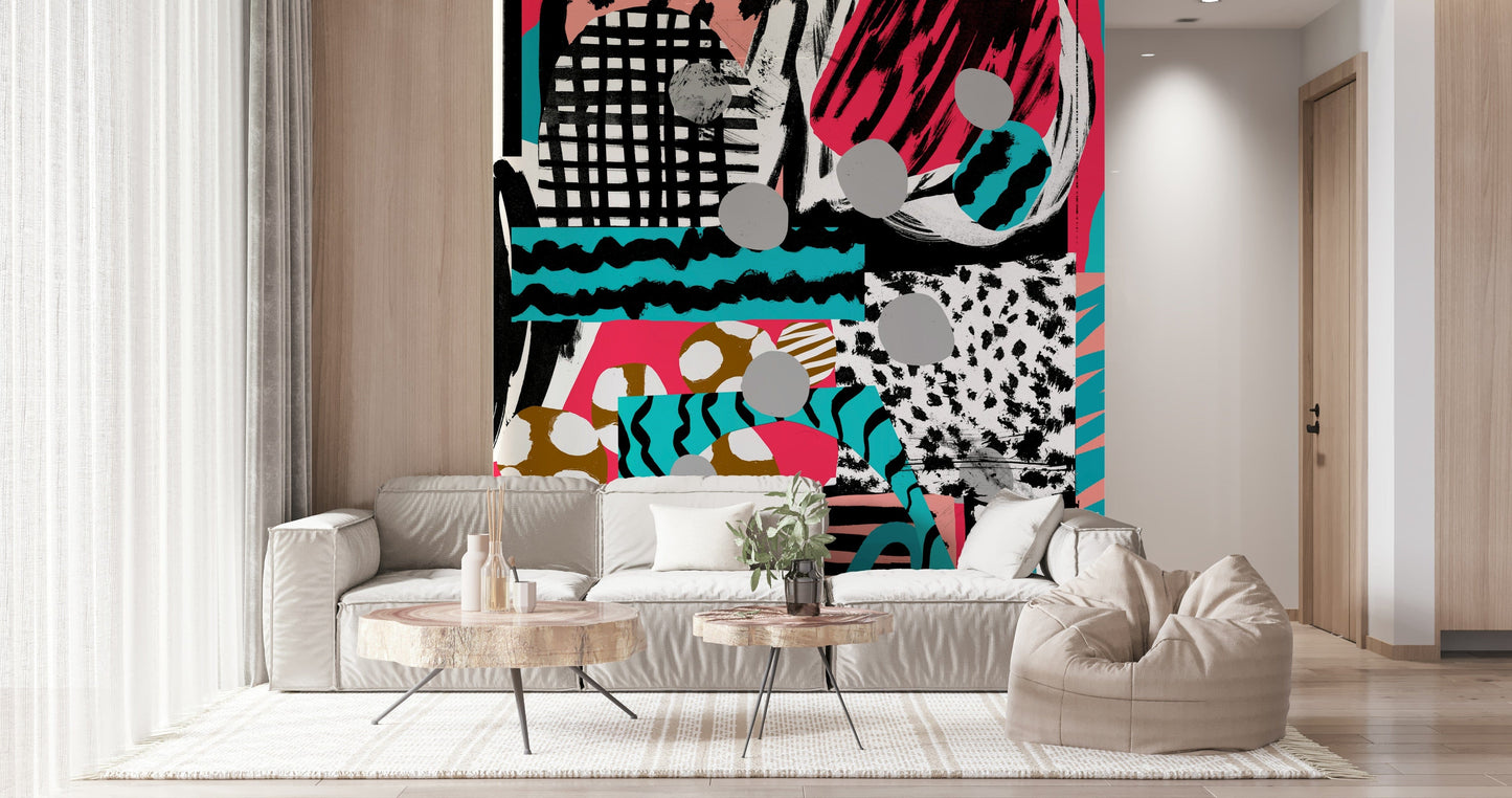 A peaceful geometric abstract mural on decorative wallpaper.

