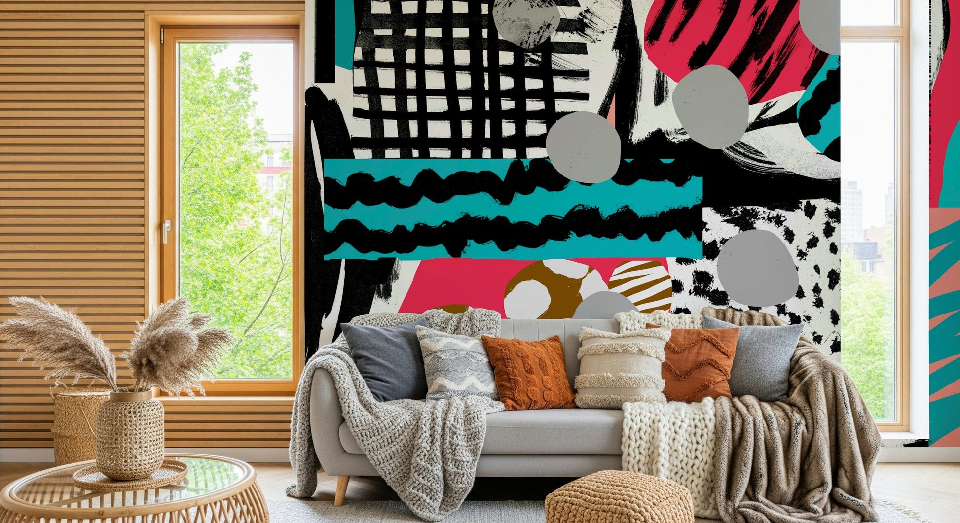 A graceful subtle pattern wall mural in cool, natural tones.

