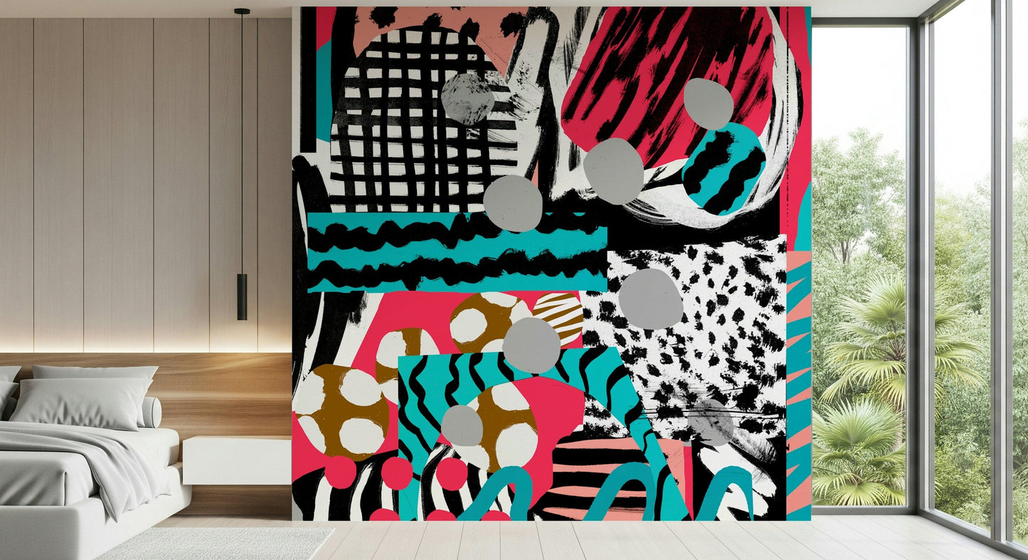 An artistic abstract curve mural on minimalist wallpaper.

