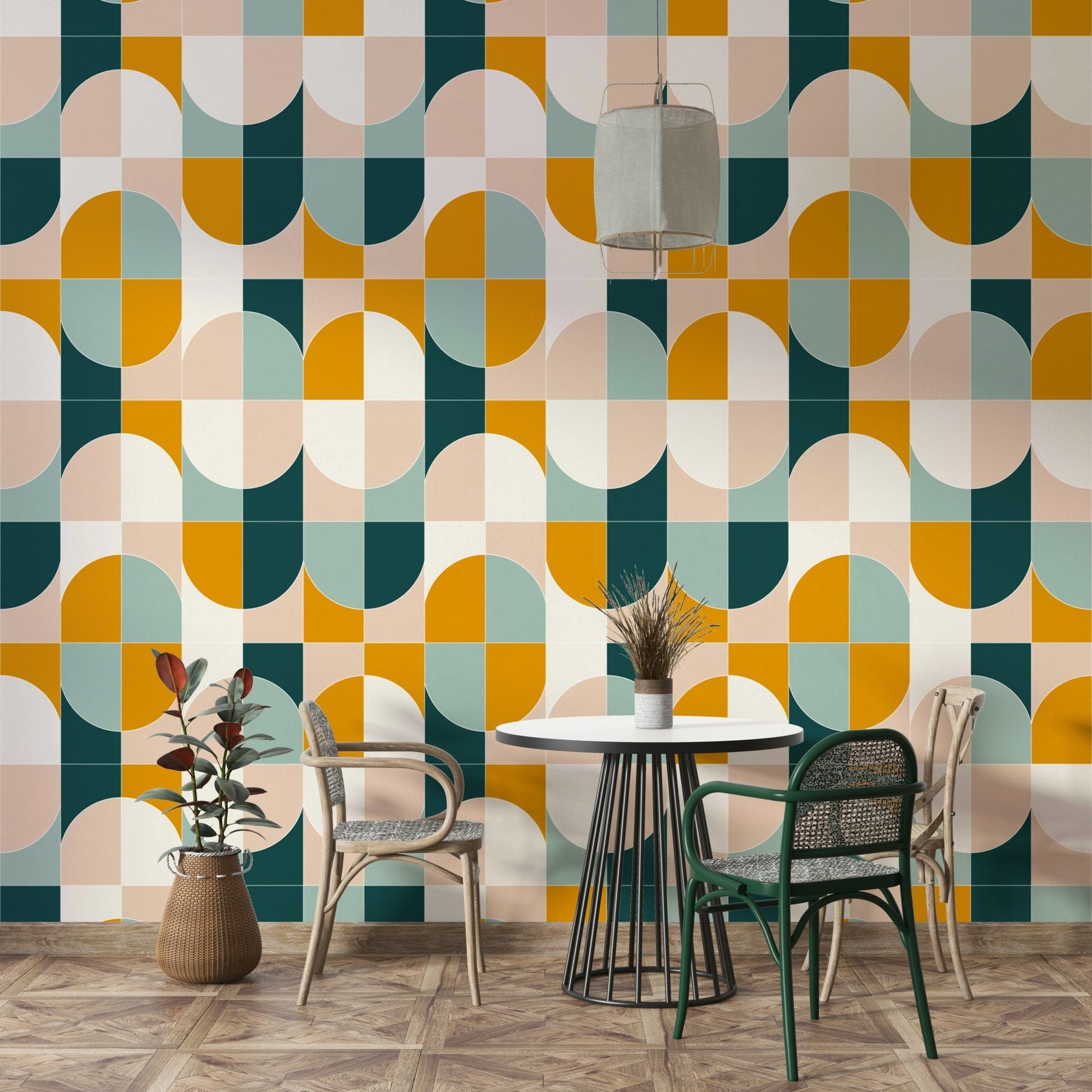 Interlocking geometric forms in a wall mural.

