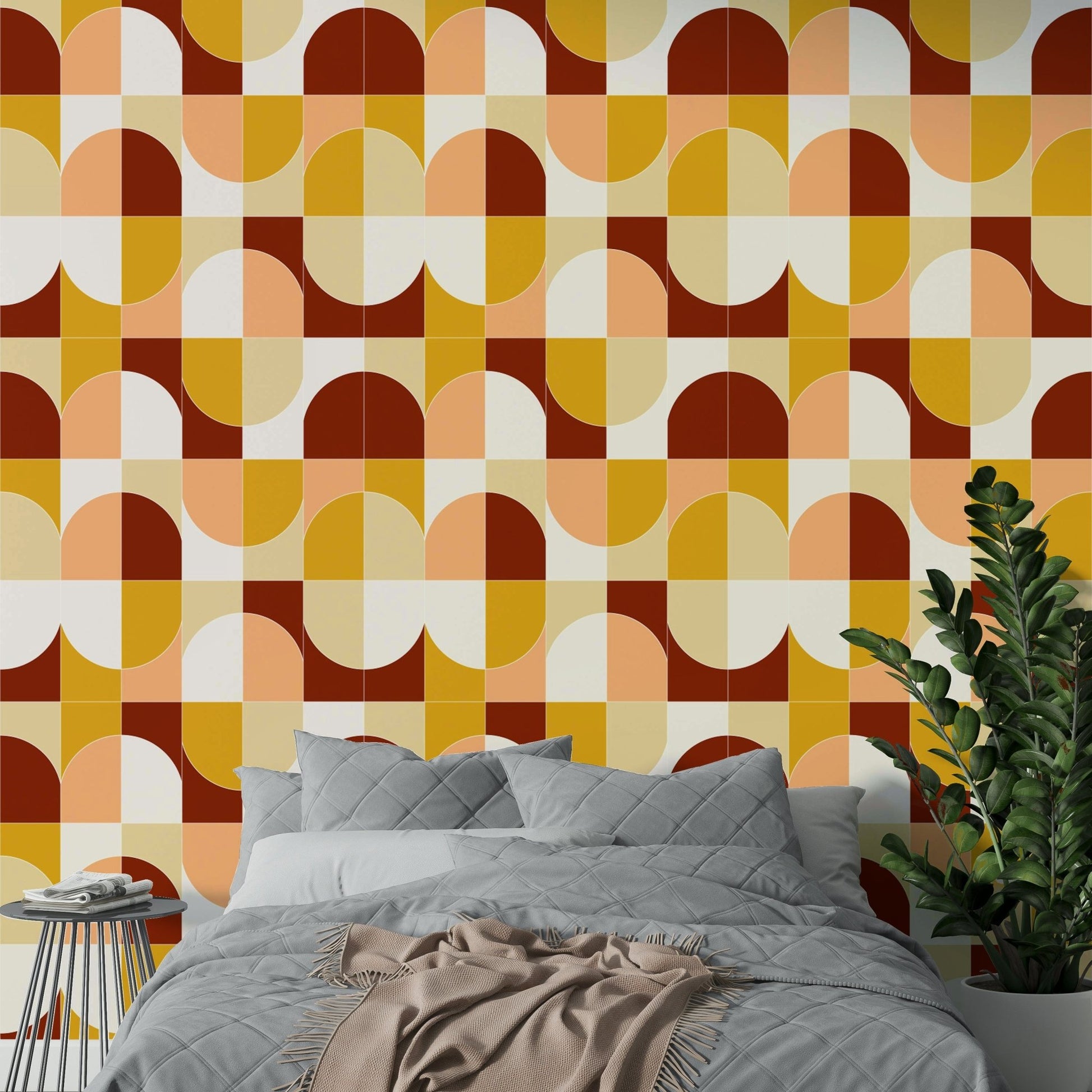 Bold lines and artistic rhythm in the wallpaper.

