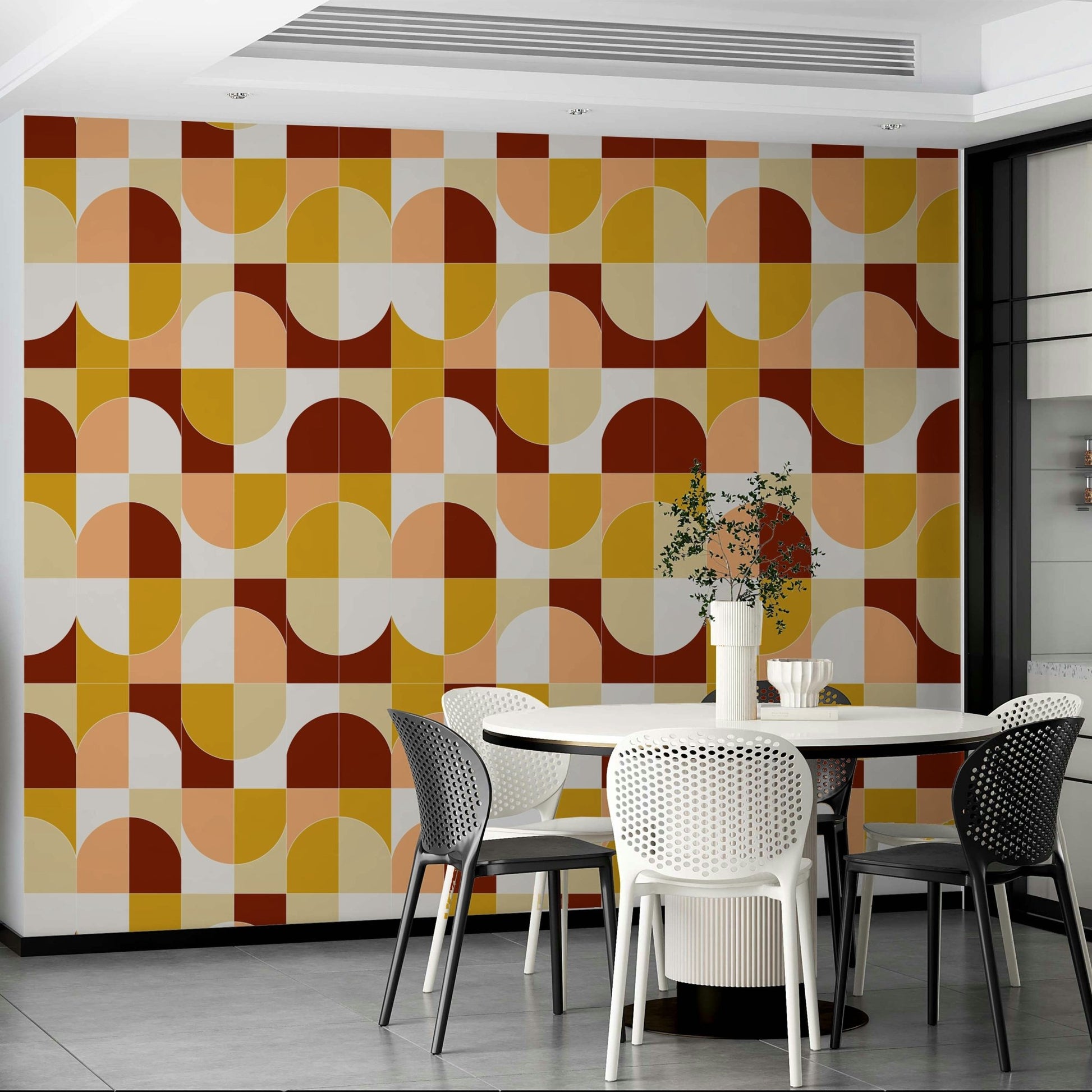 Interlocking geometric forms creating a complex design.

