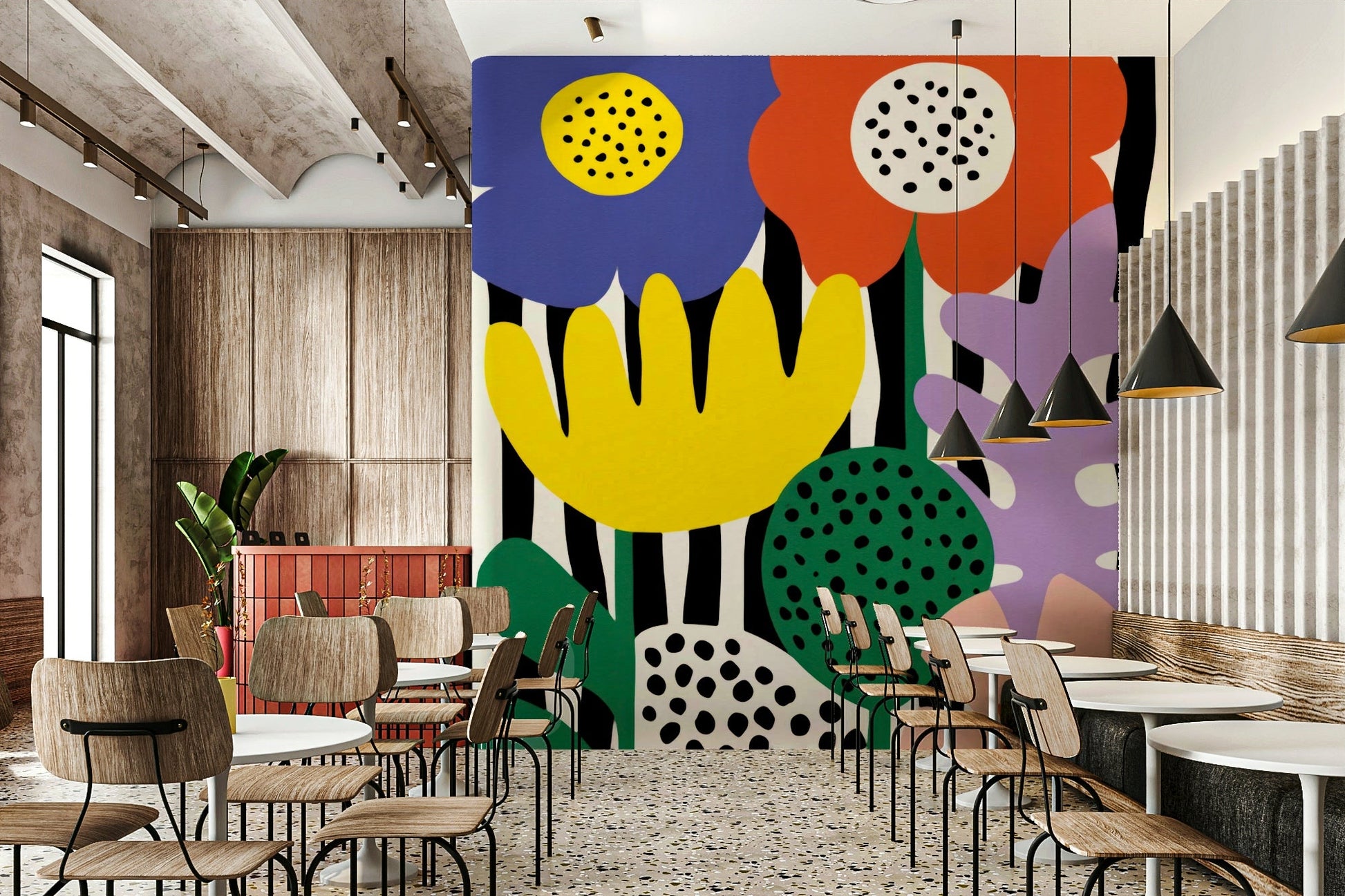 Colorful flower shapes on modernist wall mural

