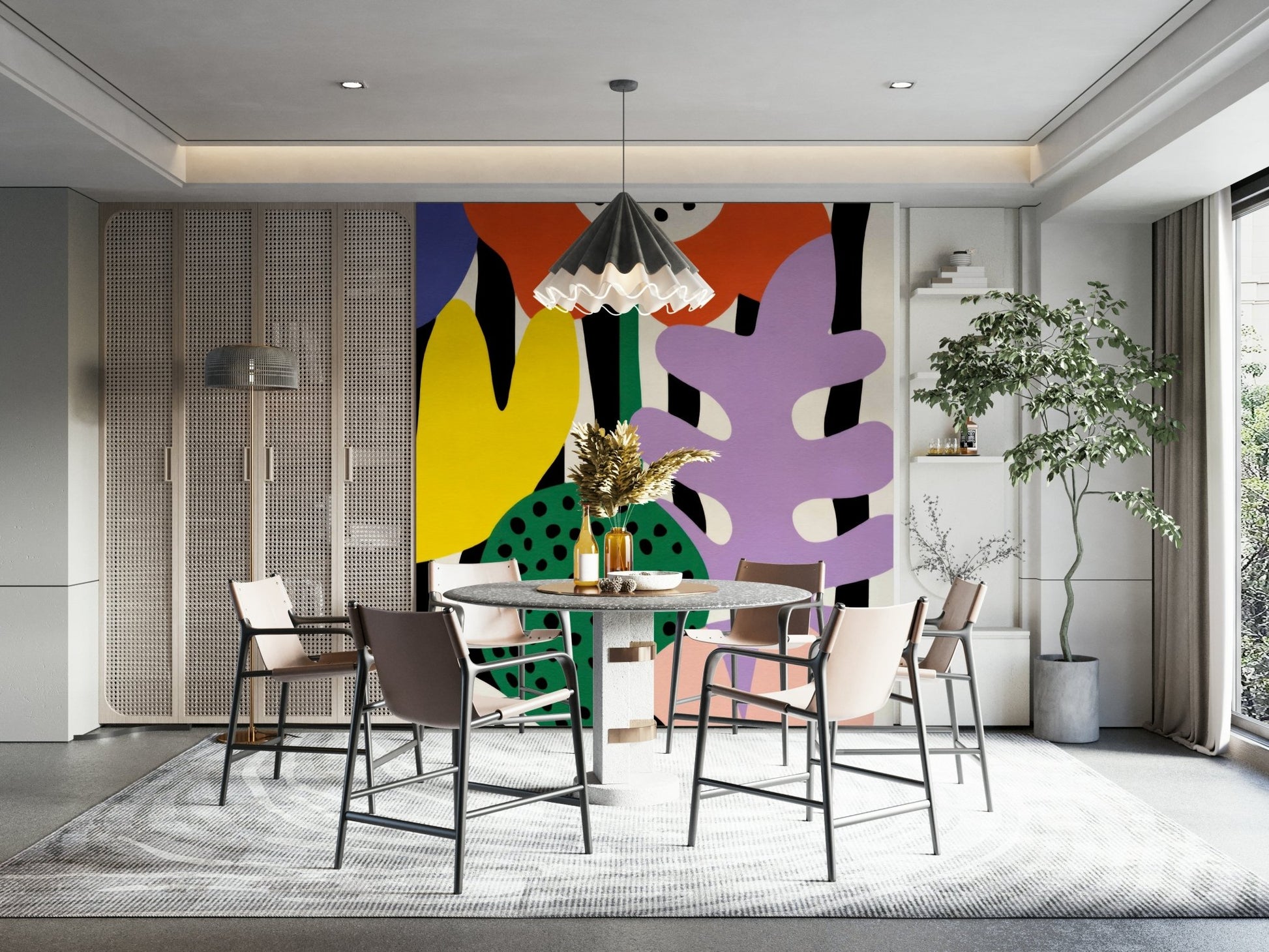 Bright, abstract blooms in a dynamic wall design

