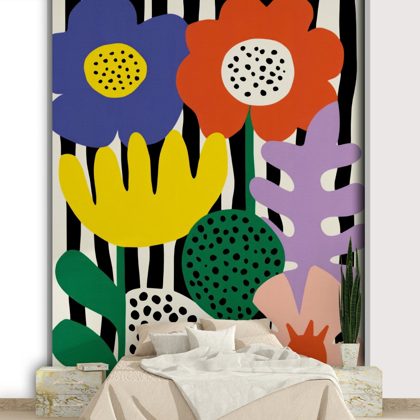 Artistic floral mural with playful cut-out effect

