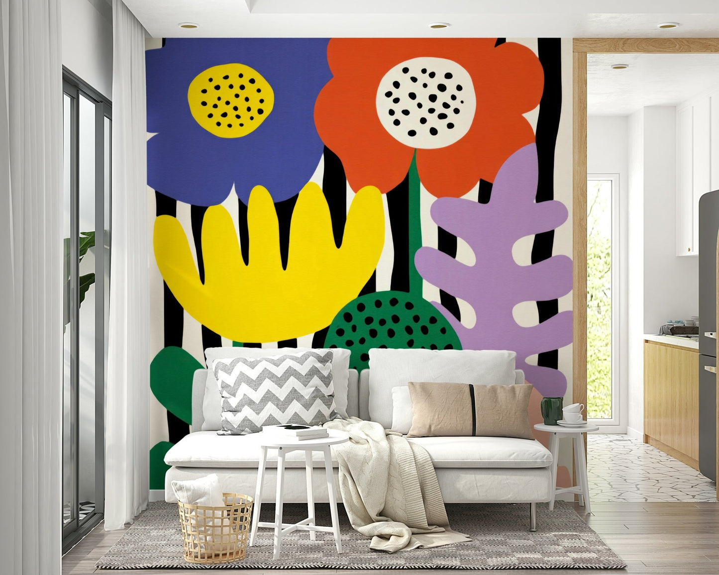 Matisse-inspired floral mural in coral and cobalt

