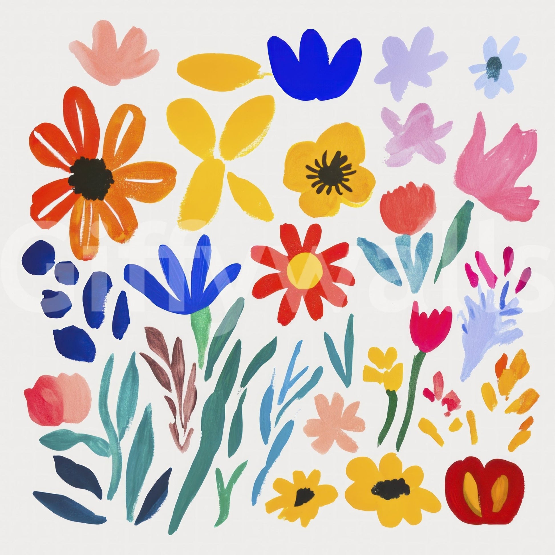 Oversized abstract flowers in collage-inspired mural

