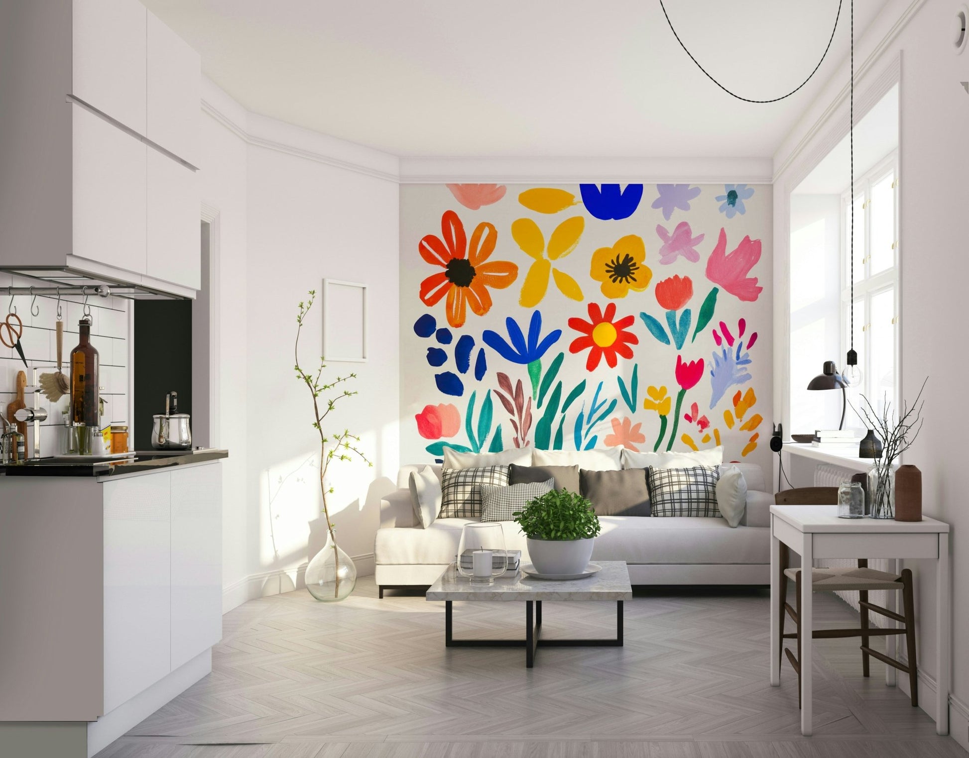 Statement wall mural featuring Matisse-like blooms

