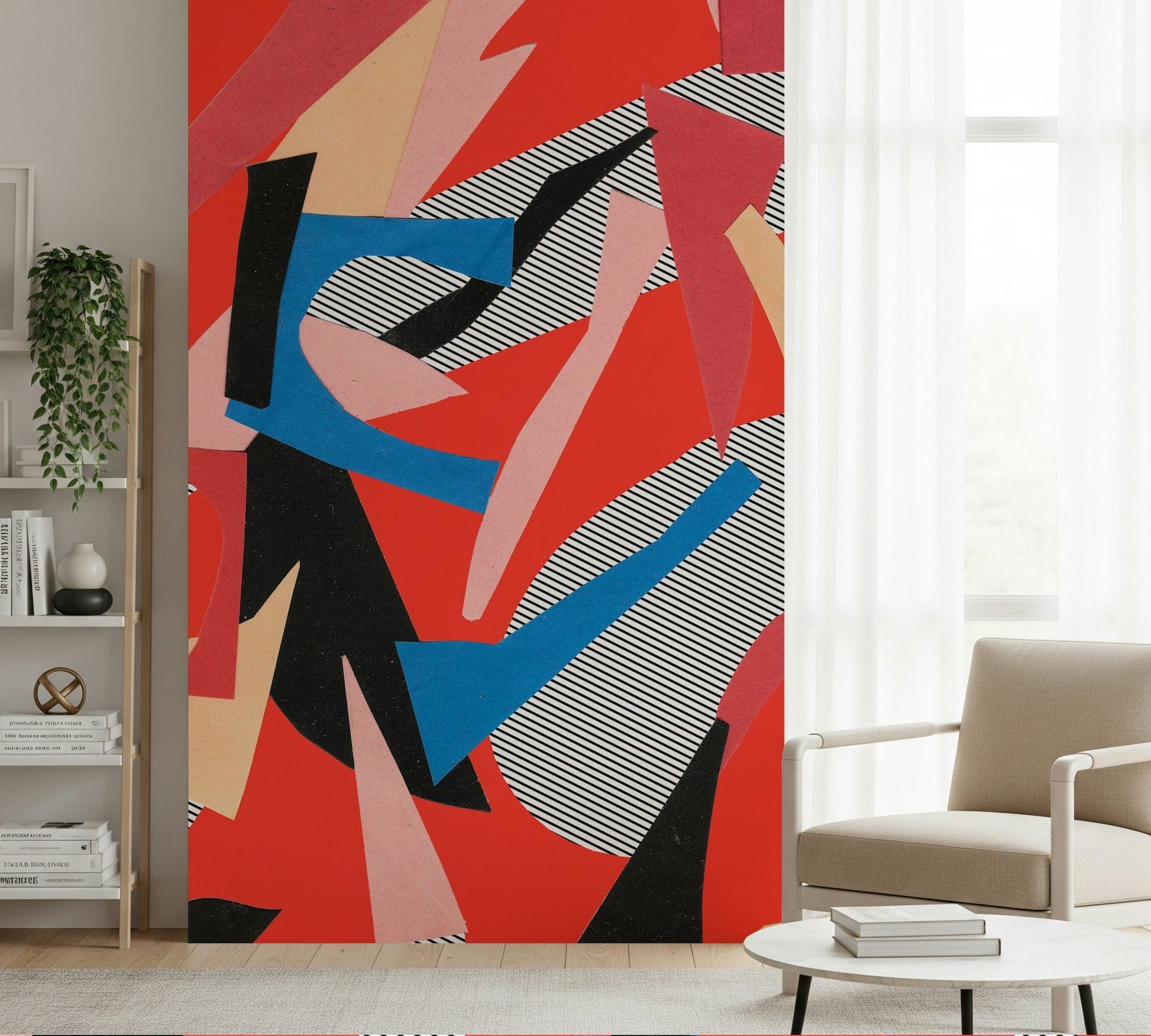 An artistic abstract block mural on minimalist wallpaper.

