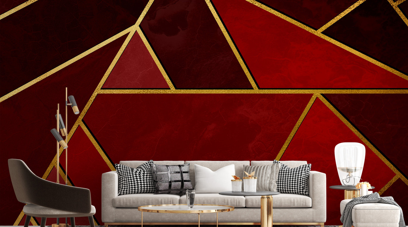 Bold abstract mural with red and gold mosaics
