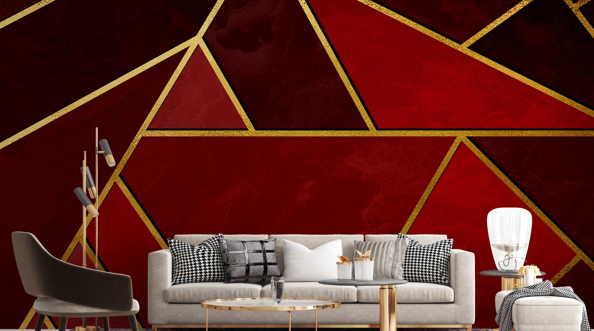 Bold abstract mural with red and gold mosaics
