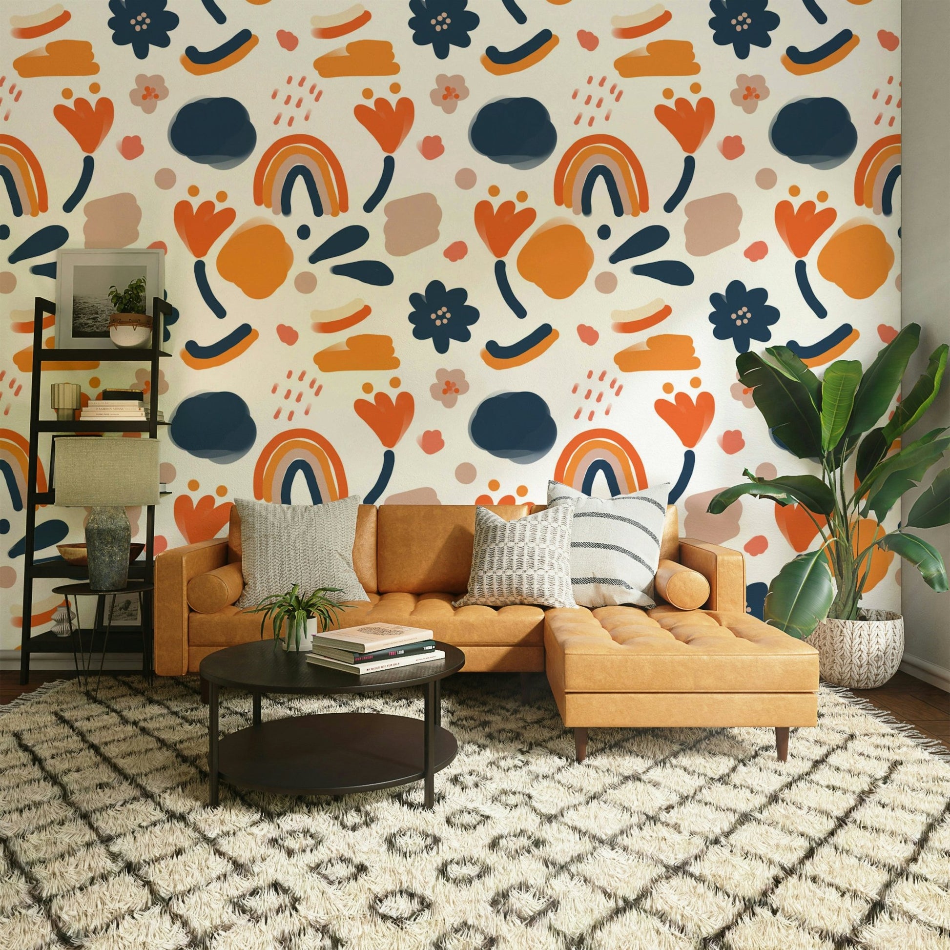 Vibrant retro floral design wallpaper for walls.

