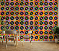 Features stylized vinyl records and musical elements.
