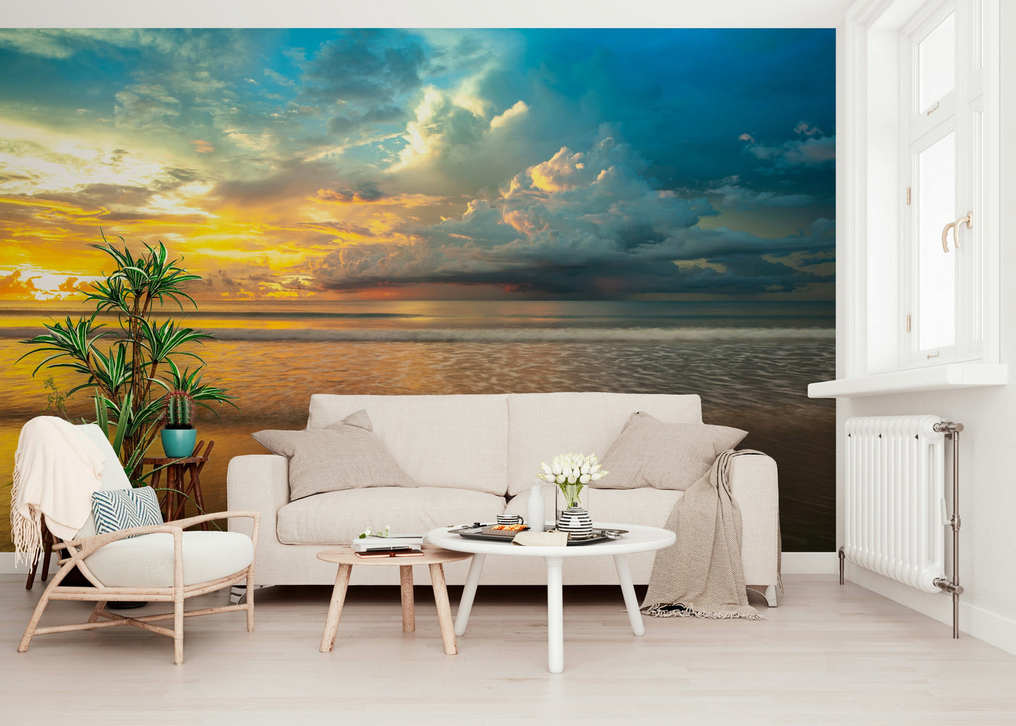A calm tropical horizon with gentle waves and dramatic storm clouds shown in the Borneo Beach wallpaper.