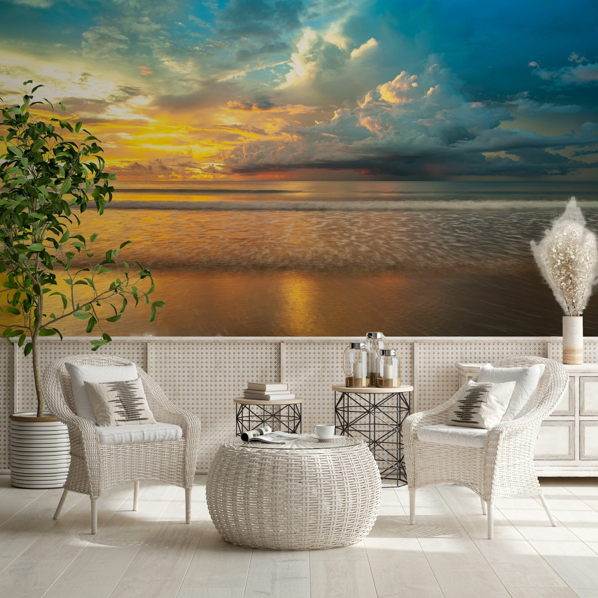 Reflections of colorful evening skies shimmering across the shallow water in a Borneo Beach wallpaper.