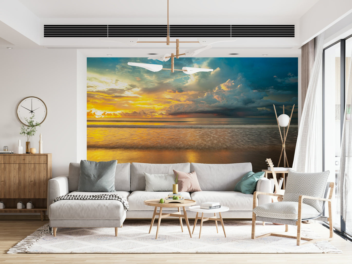 Lush coastal clouds and warm sunset tones illuminating the sea in a soothing Borneo Beach wallpaper.