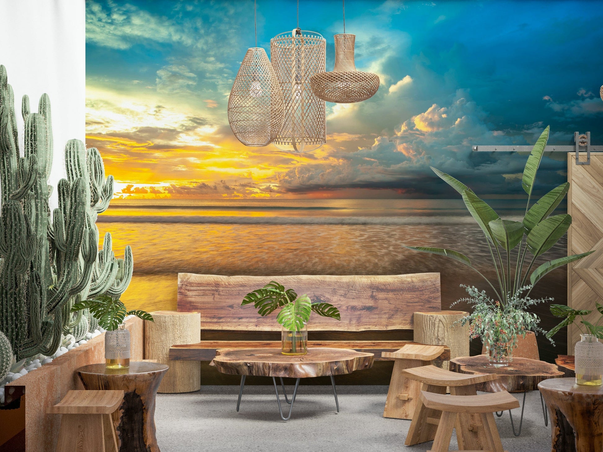 Golden sunlight reflecting on wet sand beneath dramatic clouds in a peaceful Borneo Beach wallpaper.