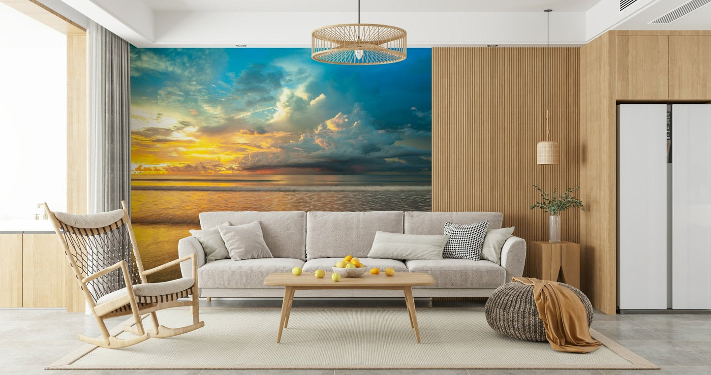 A vivid sky blending turquoise and gold hues above a quiet beach in this Borneo Beach wallpaper.