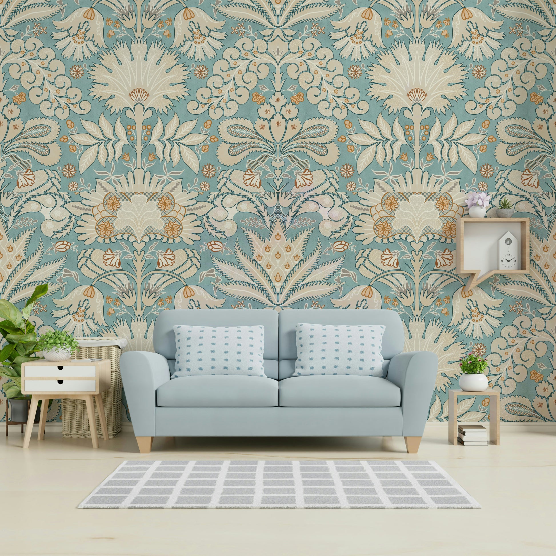Damask wallpaper detail with cream and aqua tones

