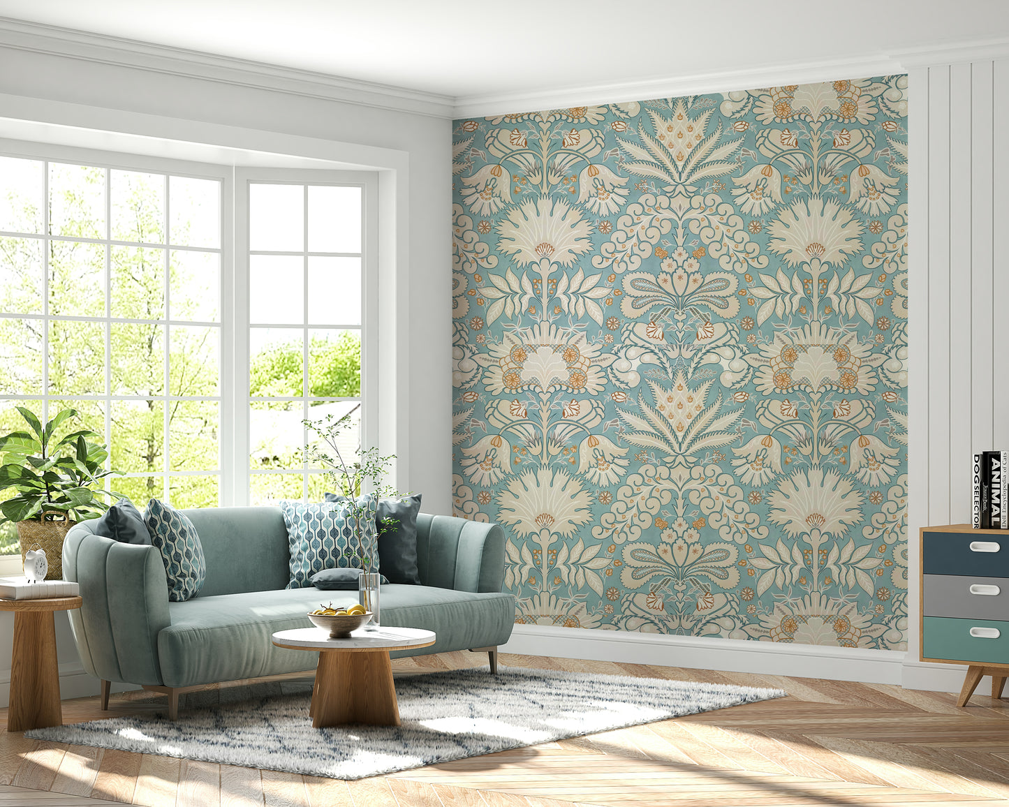 Botanic Damask Cream Aqua Blue Wallpaper