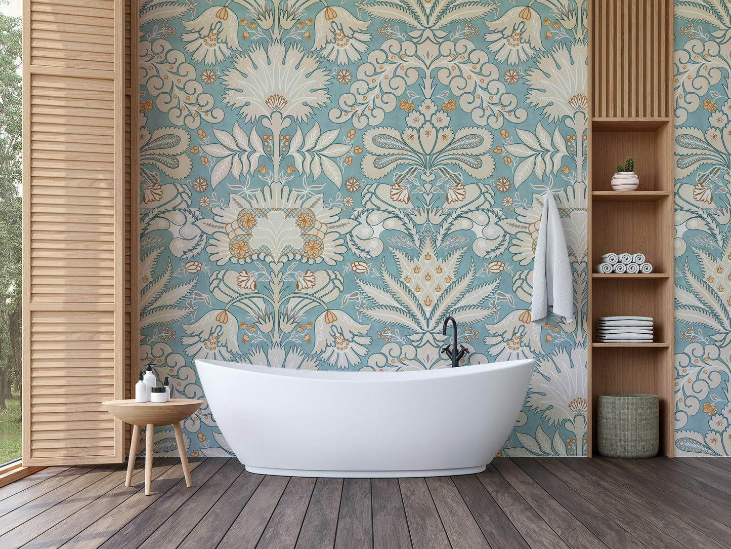 Botanic Damask Cream Aqua Blue Wallpaper