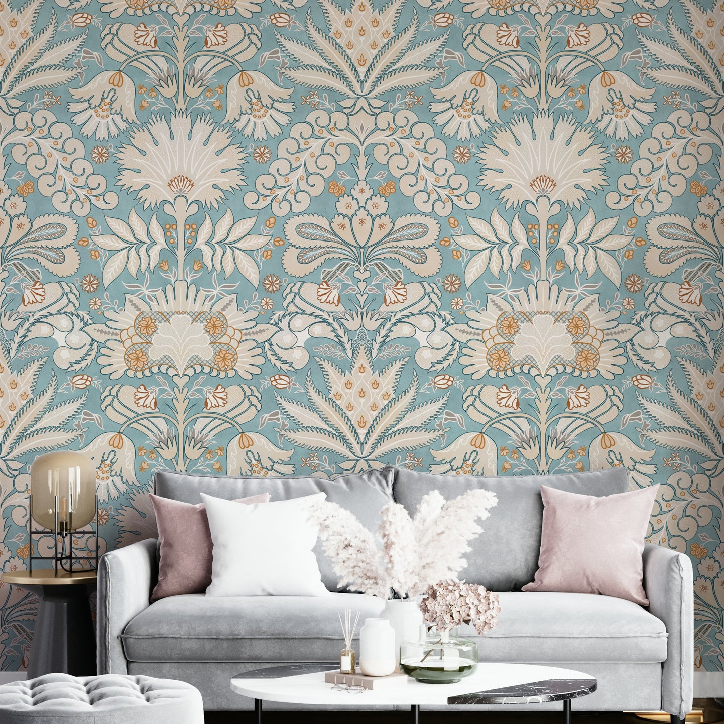 Botanic Damask Cream Aqua Blue Wallpaper